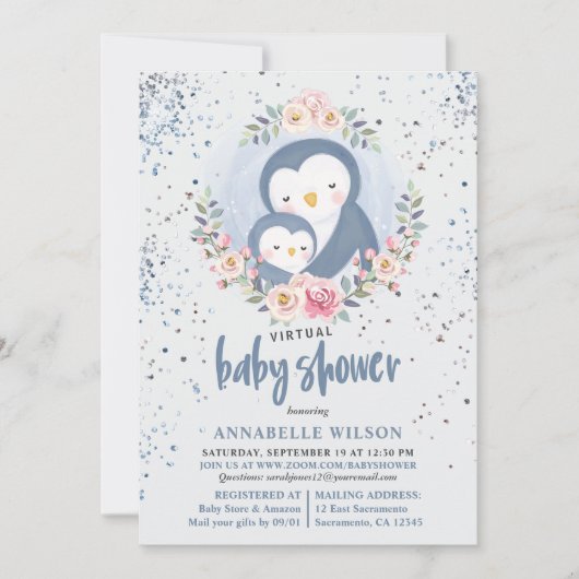 Pinguin Boy Baby Virtual Dusche Einladung (Vorderseite)