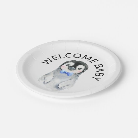 Pinguin-Boy-Winter-Babydusche Papierplatte Pappteller (Schrägansicht)