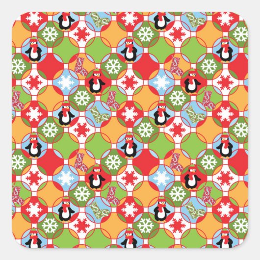 Pinguin Christmas Circles Pattern Square Stickers (Vorderseite)