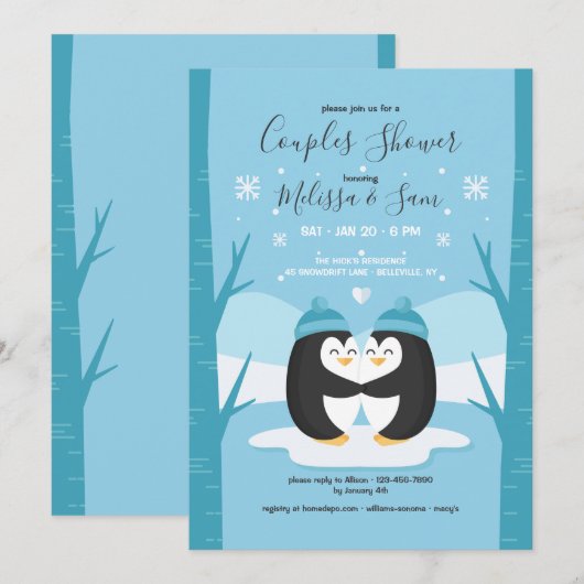 Pinguin Couples Dusche Einladung (Vorne/Hinten)