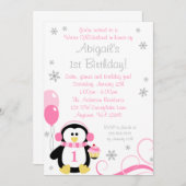 Pinguin Cupcake Wirbel Winter Onederland Pink Grau Einladung (Vorne/Hinten)