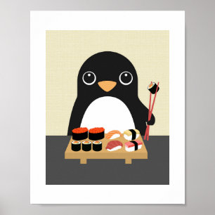 Pinguin Eating Sushi Poster Print