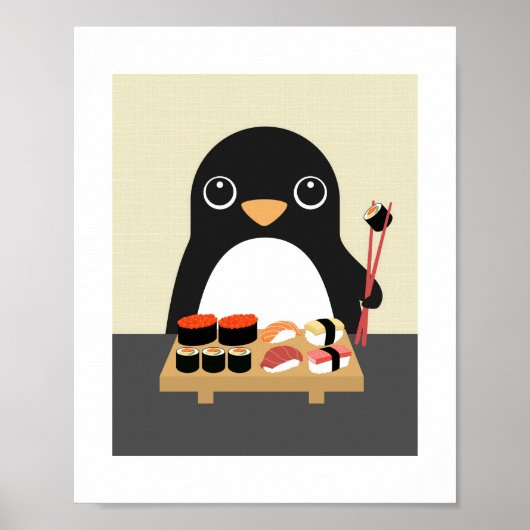 Pinguin Eating Sushi Poster Print (Vorne)