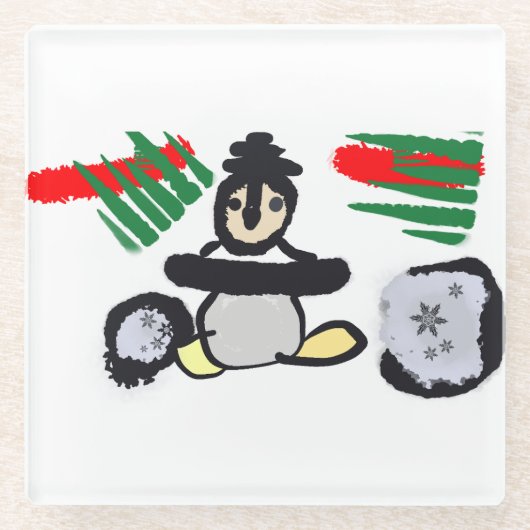 Pinguin-Felsen-Weihnachten  Glasuntersetzer (Vorderseite)