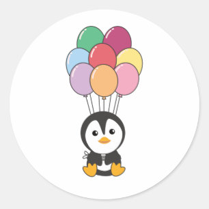 Pinguin fliegt mit farbigen Balloons auf Runder Aufkleber
