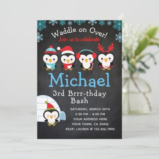 Pinguin-Geburtstags-Einladung Einladung (Stehend Vorderseite)