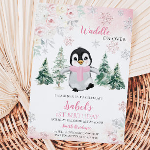 Pinguin-Geburtstagsfeier im rosa Winter Einladung