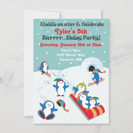 Pinguin Geburtstagsparty Winterspass Einladung (Vorderseite)