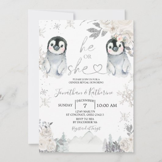 Pinguin Gender-Offenbarung Winter Schneeflocken Einladung (Vorderseite)
