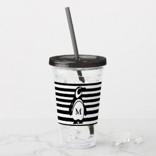 Pinguin-gestreiftes Schwarzweiss-Monogramm Acryltrinkbecher