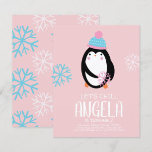 Pinguin hält Schneeblumen Winter Geburtstag Einladung