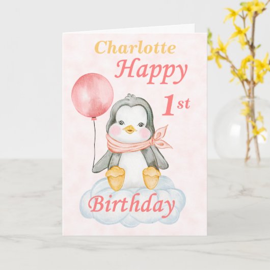 Pinguin Happy 1. Geburtstag Karte (Gelbe Blume)
