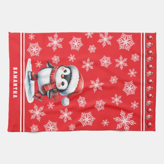 Pinguin Ice Skater Feierliche Weihnachten Geschirrtuch (Horizontal)