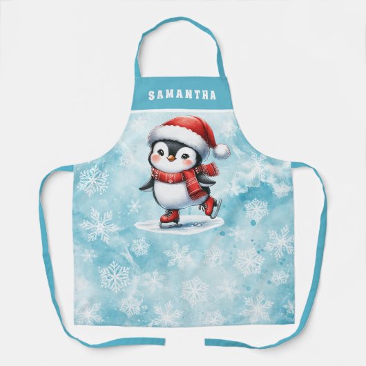 Pinguin Ice Skater Snowy Blue Custom Christmas Schürze (Vorderseite)