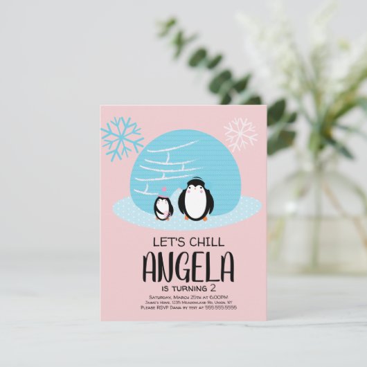 Pinguin Iglu Schneeflocken Winter Geburtstag Einladung (Stehend Vorderseite)