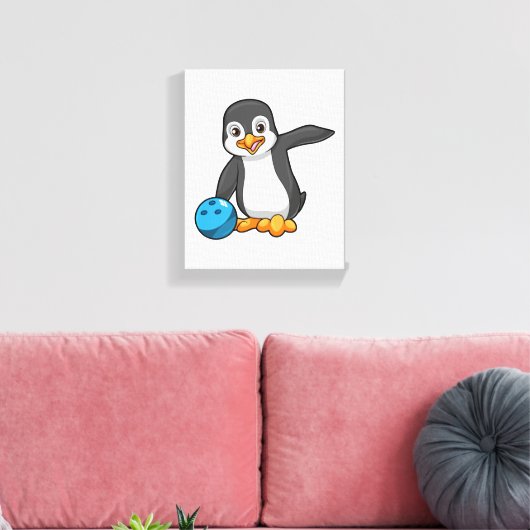 Pinguin im Bowling mit Bowlingball Leinwanddruck (Insitu (Wohnzimmer))