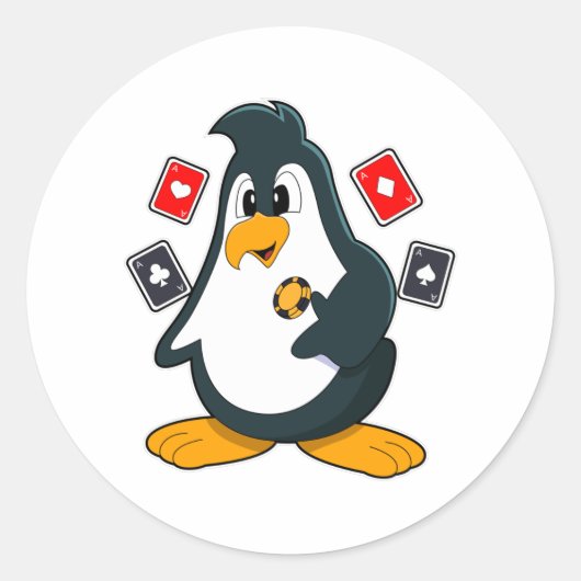 Pinguin im Poker mit Poker-Karten Runder Aufkleber (Vorderseite)