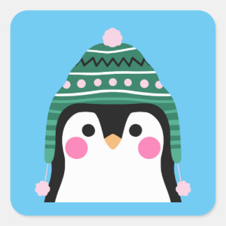 Pinguin im Winter Tuque Quadratischer Aufkleber