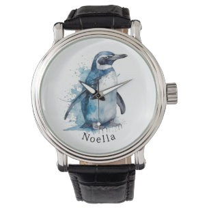 Pinguin in blauer Aquarellfarbe, anpassbar Armbanduhr