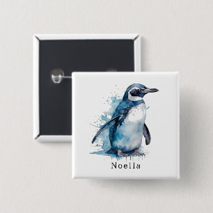 Pinguin in blauer Aquarellfarbe, anpassbar Button