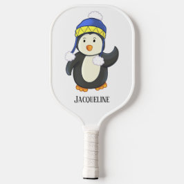 Pinguin in Blue and Yellow Winter Hat Name Pickleball Schläger