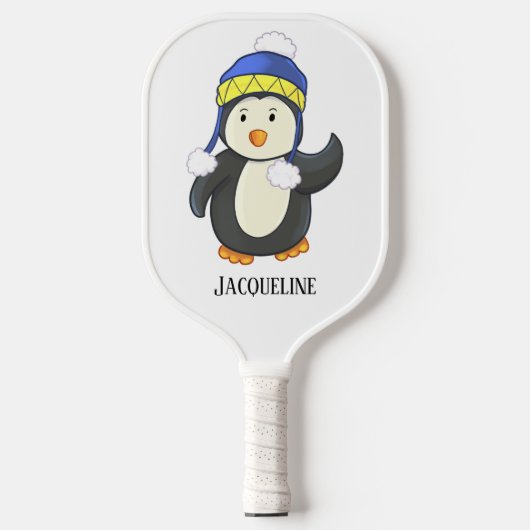 Pinguin in Blue and Yellow Winter Hat Name Pickleball Schläger (Vorderseite)