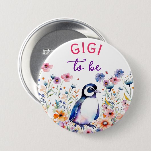Pinguin in Blume Baby Shower Gigi zu sein Button (Vorne & Hinten)