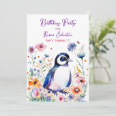 Pinguin in Blume Girl's Birthday Einladung (Stehend Vorderseite)