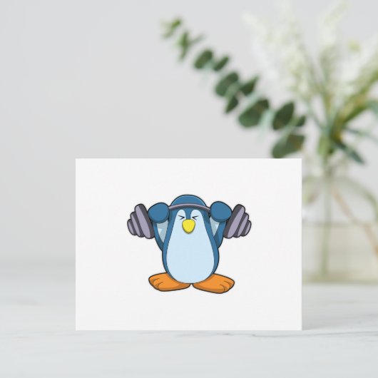 Pinguin in Bodybuilding mit Dumbells Postkarte (Stehend Vorderseite)