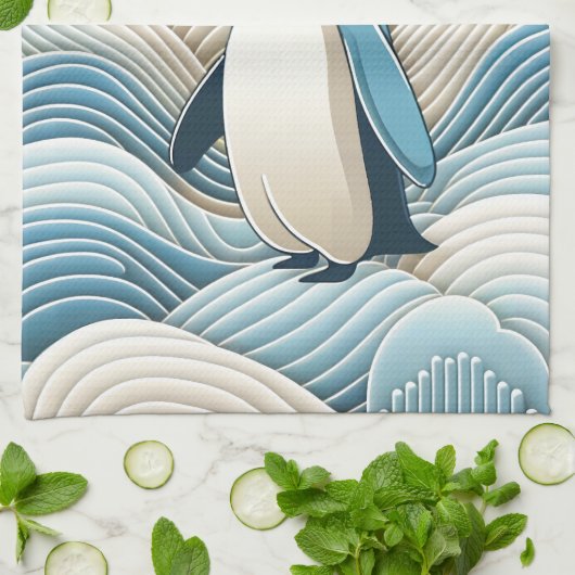 Pinguin in Cream Blue Abstrakt Waves Geschirrtuch (Gefaltet)