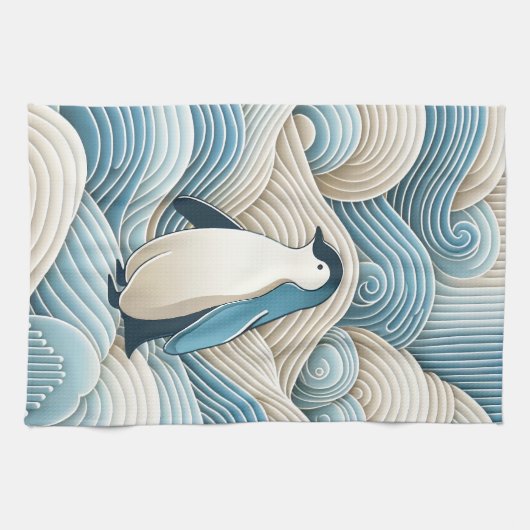 Pinguin in Cream Blue Abstrakt Waves Geschirrtuch (Horizontal)