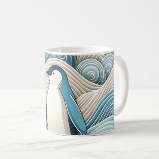 Pinguin in Cream Blue Abstrakt Waves Kaffeetasse (VorderseiteRechts)