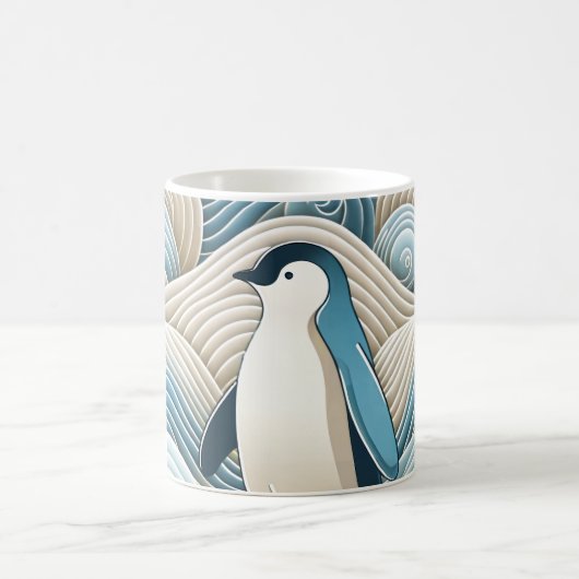 Pinguin in Cream Blue Abstrakt Waves Kaffeetasse (Mittel)