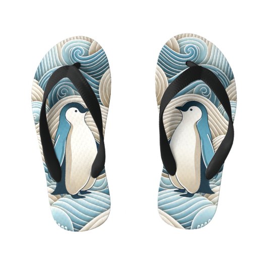 Pinguin in Cream Blue Abstrakt Waves Kinderbadesandalen (Fußbett)