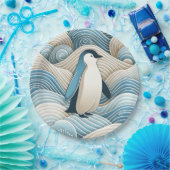 Pinguin in Cream Blue Abstrakt Waves Pappteller (Party)