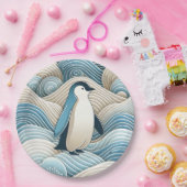 Pinguin in Cream Blue Abstrakt Waves Pappteller (Party)