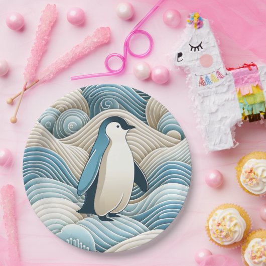 Pinguin in Cream Blue Abstrakt Waves Pappteller (Party)