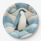Pinguin in Cream Blue Abstrakt Waves Pappteller (Vorderseite)