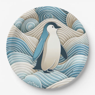Pinguin in Cream Blue Abstrakt Waves Pappteller