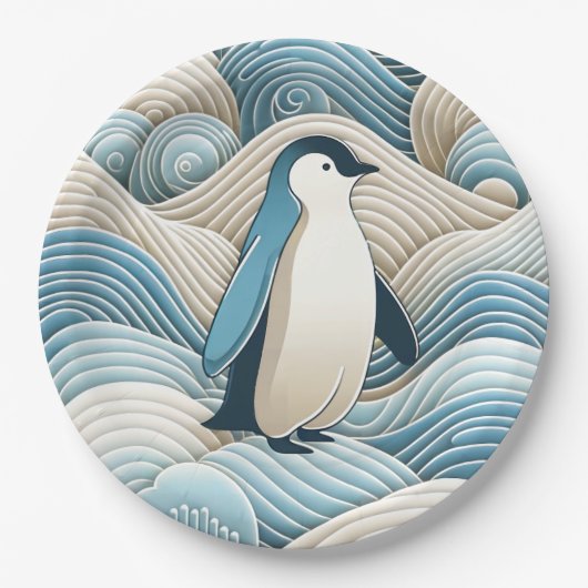 Pinguin in Cream Blue Abstrakt Waves Pappteller (Vorderseite)
