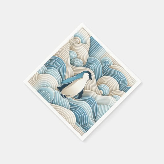 Pinguin in Cream Blue Abstrakt Waves Serviette (Ecke)
