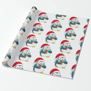 Pinguin in einem Weihnachtshut mit Geschenk Geschenkpapier