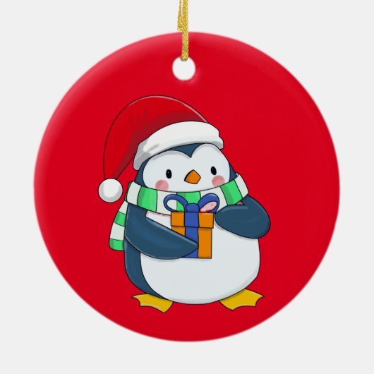 Pinguin in einem Weihnachtshut mit Geschenk Keramik Ornament (Hinten)