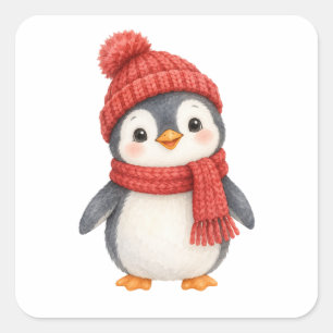 Pinguin in einer gestrickten Mütze Quadratischer Aufkleber