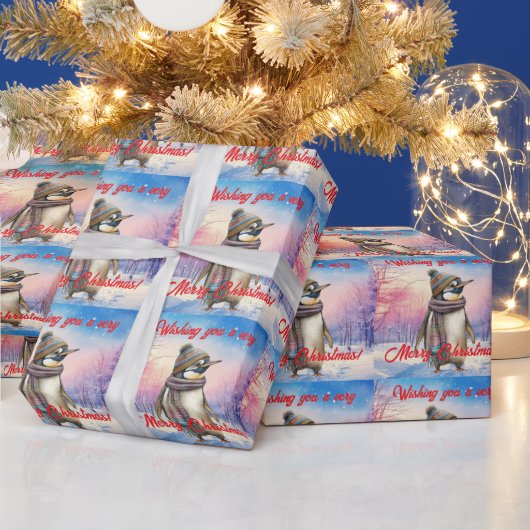 Pinguin in einer verschneiten Landschaft Frohe Wei Geschenkpapier (Feiertage)