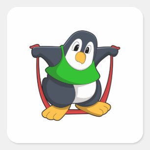 Pinguin in Fitness mit Skipping rope.PNG Quadratischer Aufkleber