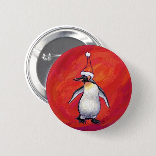 Pinguin in Weihnachtsmannmütze auf Rot Button (Vorne & Hinten)