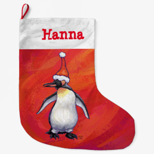 Pinguin in Weihnachtsmannmütze auf Rot Großer Weihnachtsstrumpf