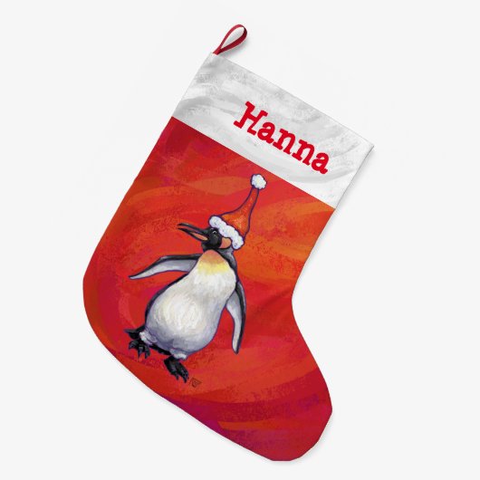 Pinguin in Weihnachtsmannmütze auf Rot Großer Weihnachtsstrumpf (Vorderansicht (hängend))