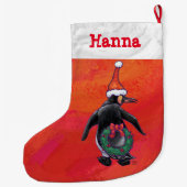 Pinguin in Weihnachtsmannmütze auf Rot Großer Weihnachtsstrumpf (Rückseite)